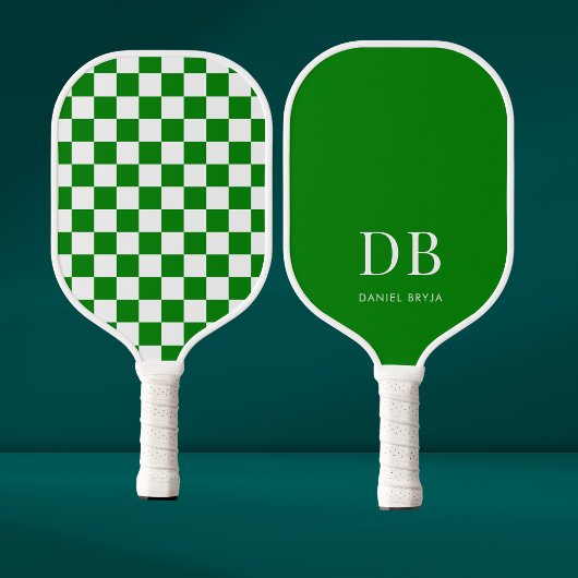 Moderne grüne karierte Monogramm Pickleball Schläger