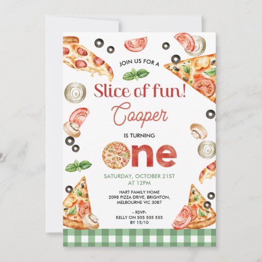 Moderne grüne Karierte Pizzaausschnitte am 1. Gebu Einladung (Vorderseite)