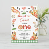 Moderne grüne Karierte Pizzaausschnitte am 1. Gebu Einladung (Stehend Vorderseite)