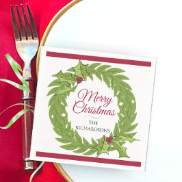 Moderne grüne Kranz Frohe Weihnachten Personalisie Serviette