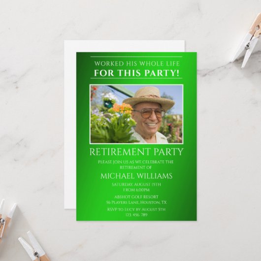 Moderne grüne männliche Foto-Ruhestandsfeier Einladung (Vorderseite/Rückseite Beispiel)