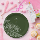 Moderne grüne Monogram-Florpapier-Platte Pappteller (Party)