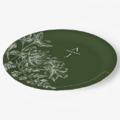 Moderne grüne Monogram-Florpapier-Platte Pappteller (Schrägansicht)