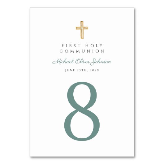 Moderne grüne religiöse Cross Boy Erste Kommunion Tischnummer (Vorderseite)
