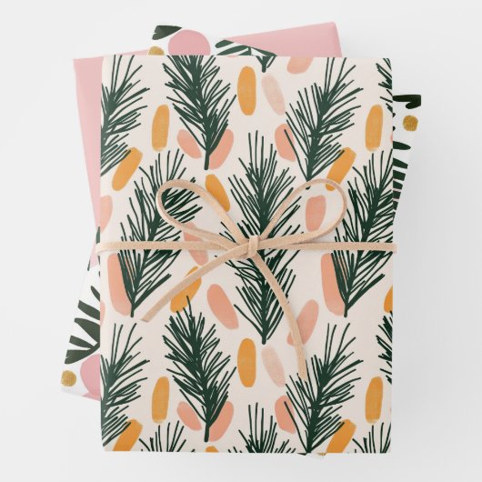 Moderne Grüne Rosa Gold Weihnachtsbaumzweige Geschenkpapier Set (Beispiel)