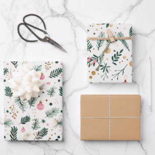 Moderne Grüne Rosa Gold Weihnachtsbaumzweige Geschenkpapier Set