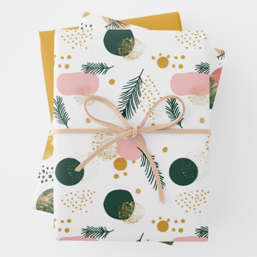Moderne Grüne Rosa Gold Weihnachtsbaumzweige Geschenkpapier Set (Beispiel)