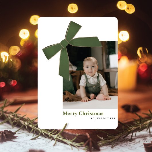 Moderne grüne Samtschleife Foto Weihnachtskarte Feiertagskarte