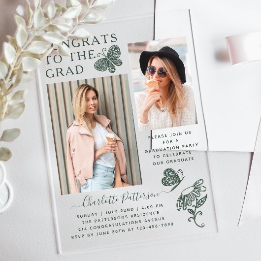 Moderne Grüne Schmetterlingspartei Foto Graduation Acryleinladungen