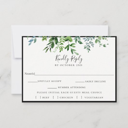 Moderne grüne Schwarze Hochzeit RSVP Meal Choice (Vorderseite)