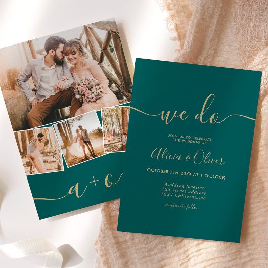 Moderne grüne Smaragdschrift Foto Initialen Hochze Einladung