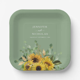 Moderne grüne Sonnenblumen-Hochzeit   Pappteller