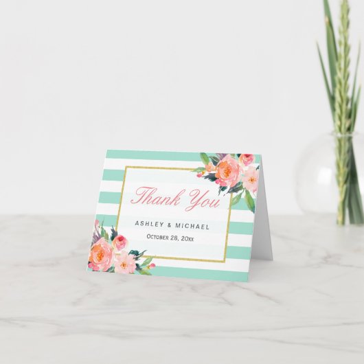 Moderne grüne Streifen Elegante Blumenmuster Danke (Vorderseite)