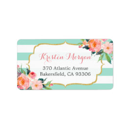 Moderne grüne Streifen Wasserfarbe Rosa Blüte Adressaufkleber