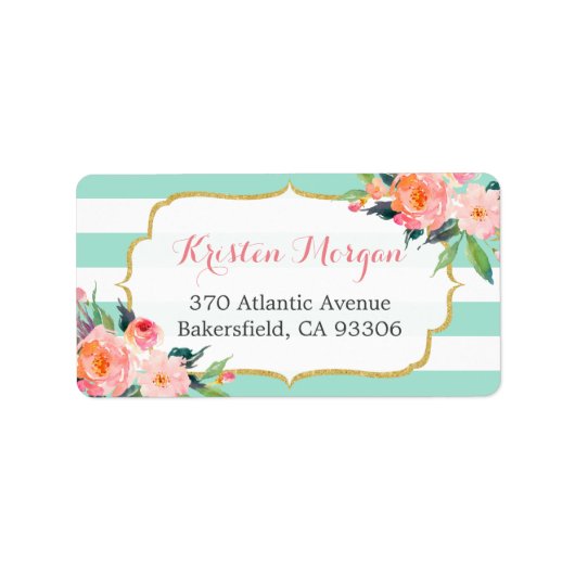 Moderne grüne Streifen Wasserfarbe Rosa Blüte Adressaufkleber (Vorne)