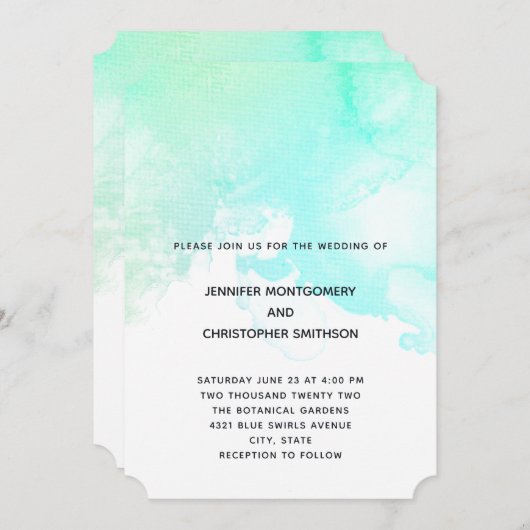 Moderne grüne und blaue Wasserfarbe Einfache Hochz Einladung (Vorne/Hinten)