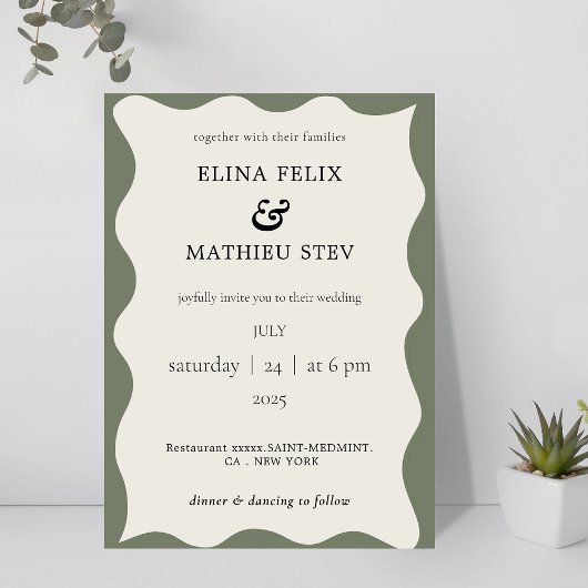 Moderne grüne und Elfenbeinhochzeit Einladung
