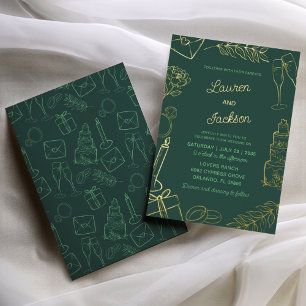 Moderne grüne und goldene handgezeichnete Hochzeit Folieneinladung