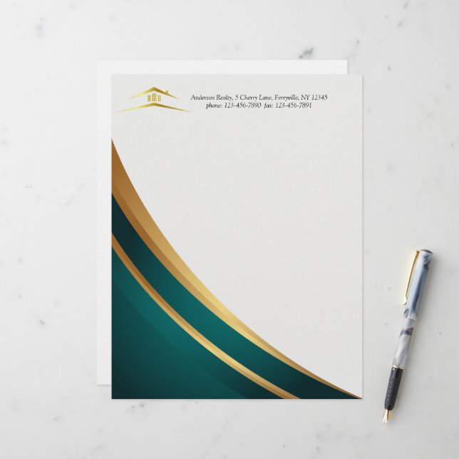 Moderne grüne und goldene Immobilien Briefbogen (Vorderseite/Rückseite Beispiel)