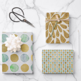 Moderne grüne und goldene Wasserfarbe Geschenkpapier Set