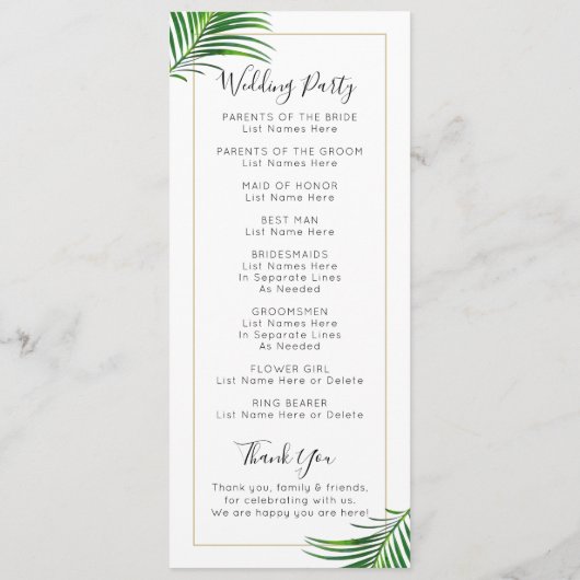 Moderne grüne und tropische Palmenblättergrenze Programm (Rückseite)