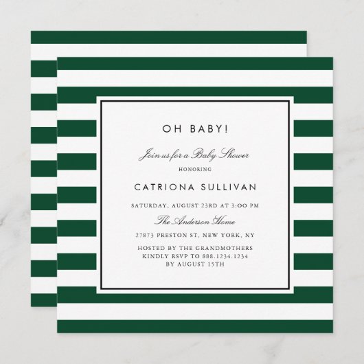 Moderne, grüne und weiße Streifen Muster Kinderdus Einladung (Vorne/Hinten)