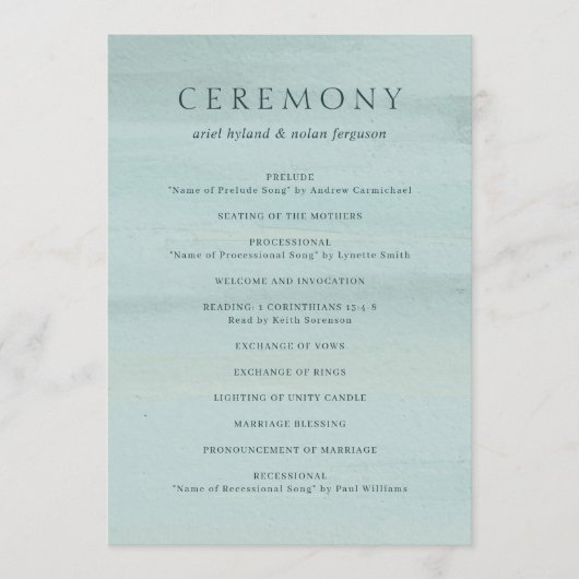 Moderne grüne Wasserfarbe Elegante Hochzeit Programm (Vorderseite)