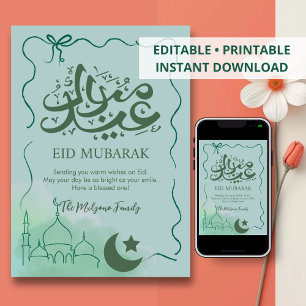 Moderne grüne Wasserfarben-Moschee-Eid-Mubarak-Kar Feiertagskarte