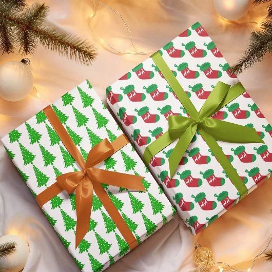 Moderne grüne Weihnachtsbaum-Strumpf-Stechpalme Geschenkpapier Set