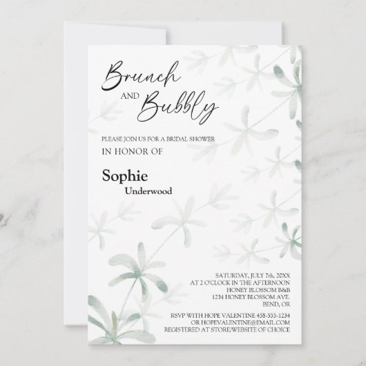 Moderne grüne Weißbridal Brunch und Bubbly Einladung (Vorderseite)