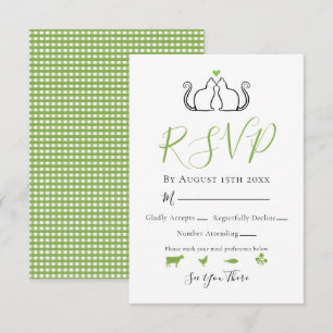 Moderne grüne weiße Gingham Katzen Liebeshochzeit RSVP Karte