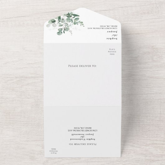 Moderne Grüne Weiße Hochzeit All In One Einladung (Außenbereich)