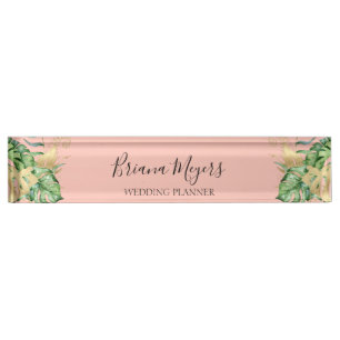 Moderne Grünflächen Palm Blätter Peach Business Namensplakette