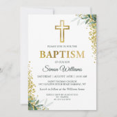 Moderne Grünpflanzen Gold Cross Glitzer Taufe Einladung (Vorderseite)