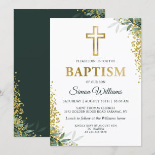 Moderne Grünpflanzen Gold Cross Glitzer Taufe Einladung
