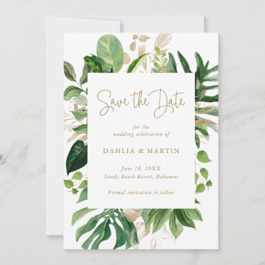Moderne Grünpflanzen Gold Geometric Tropical Weddi Save The Date (Vorderseite)