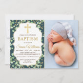 Moderne Grünpflanzen Gold Glitzer Taufe Foto Einladung (Vorderseite)