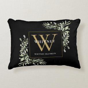 Moderne Grünpflanzen Gold Initialen Monogramm Schw Dekokissen