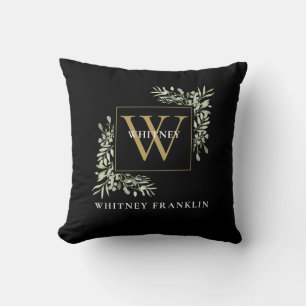 Moderne Grünpflanzen Schwarz Gold Monogramm Kissen