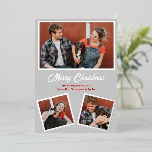 Moderne Grußkarte in Grau und Rot Folieneinladung (Stehend vorne)