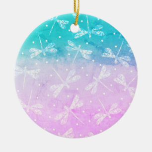 Moderne, gürtelige, rosa Aqua-Ober-Libellen Keramik Ornament