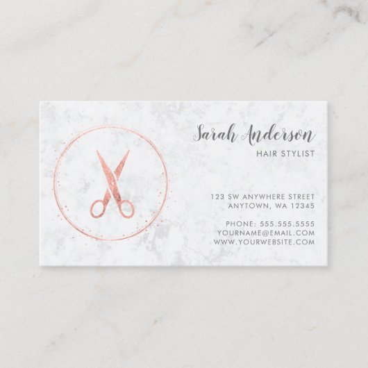 Moderne Haar Stylist Scheren Rose Gold Marmor Visitenkarte (Vorderseite)