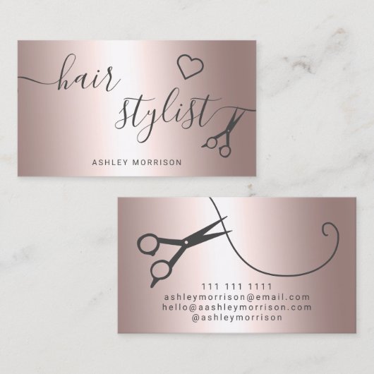 Moderne Haar stylistische Rose Gold Metallschere Visitenkarte (Vorne/Hinten)