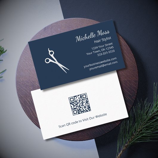 Moderne Haare Stylist Scissors Navy Blue QR Code Visitenkarte
