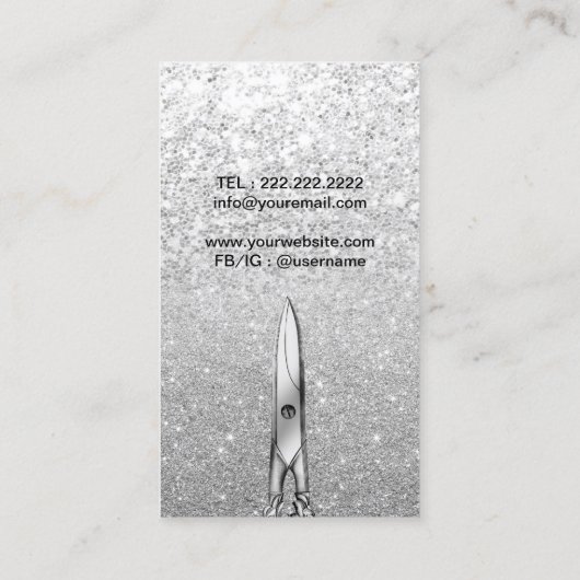 Moderne Haarschere Silver Glitzer Haarstylistin Visitenkarte (Rückseite)