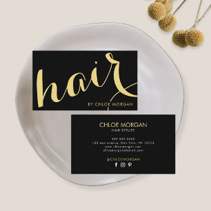 Moderne Haarstylist-Schrift schwarz und gold Visitenkarte