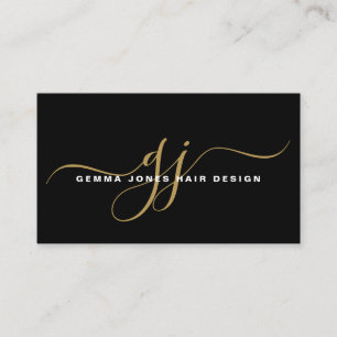 Moderne Hair Stylist Gold Script Monogram Black Visitenkarte