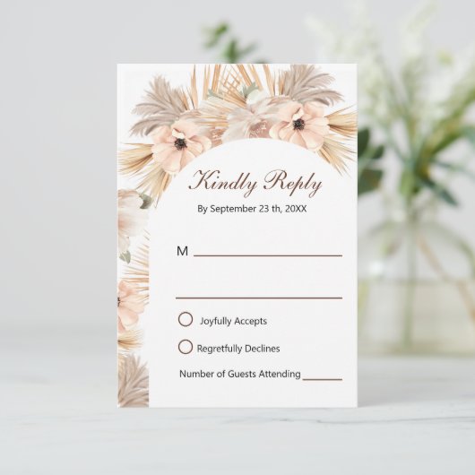 Moderne Halb-Bogen-Hochzeit mit Pampasgras RSVP Karte (Stehend Vorderseite)