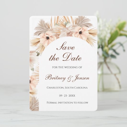 Moderne halbe Trockenbogen-Pampas Boho Natur Save The Date (Stehend Vorderseite)