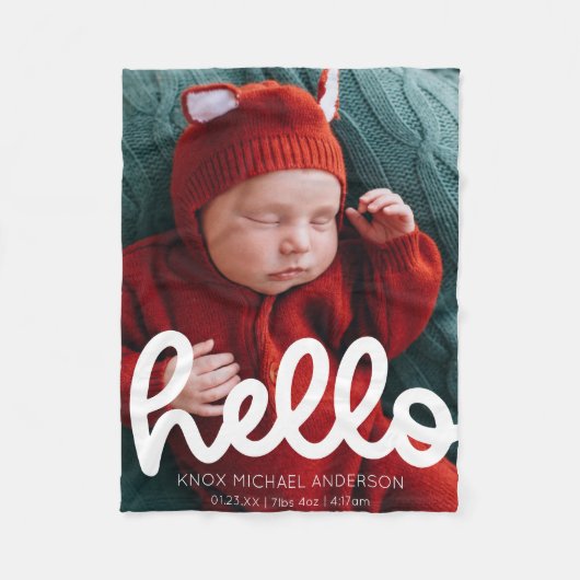 Moderne Hallo Geburtserklärung mit Foto Fleecedecke (Vorderseite)